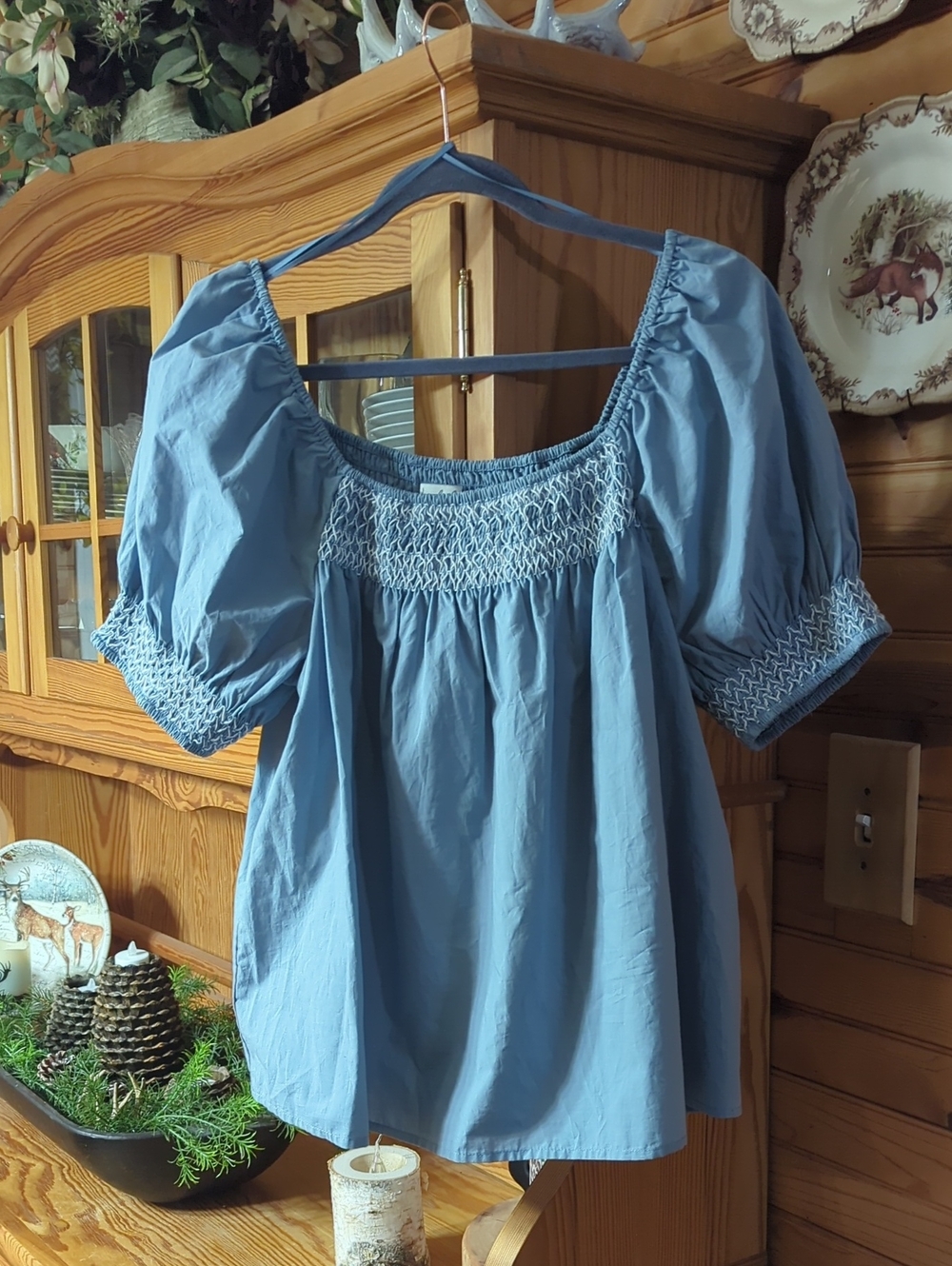 Wonderly Sky Blue Smocked Square Neck Puff Sleeve Blouse